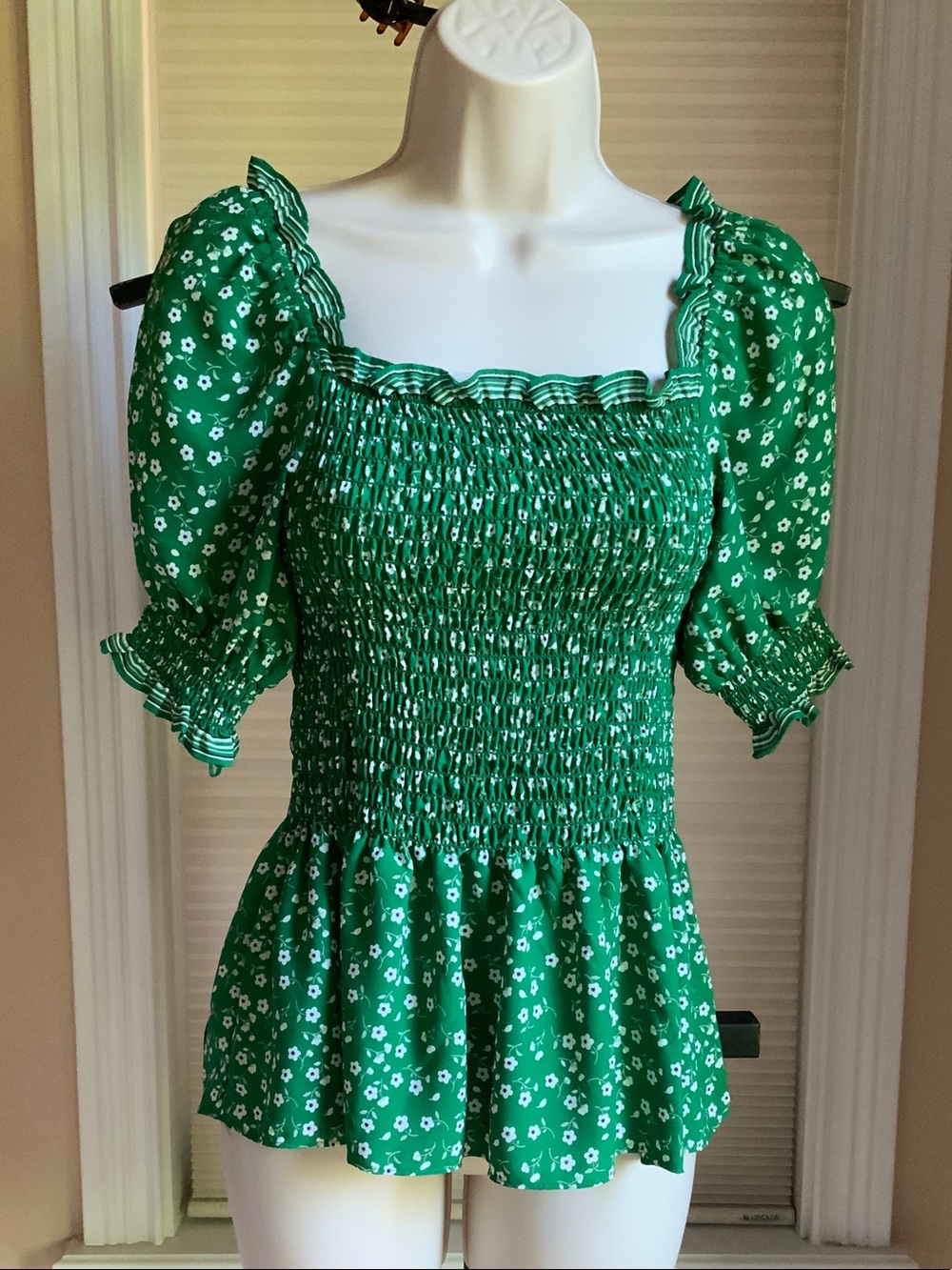 Green Floral Smocked Peplum Top